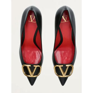 Valentino Garavani Signature Gold V Logo Plaque Black Leather Pumps 37